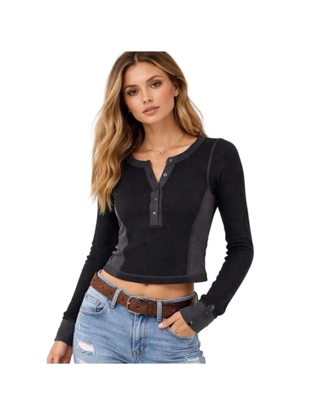 Free People Top Womens Small Black Thermal Waffle Knit Cropped Henley Snap Boho